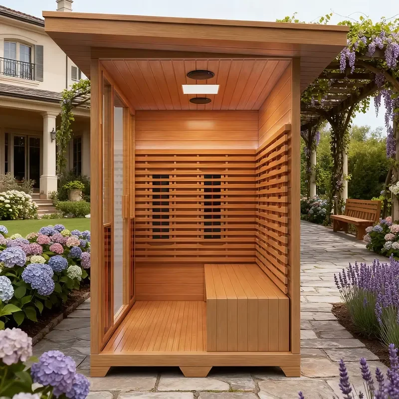 Luxury Solid Wood Full Spectrum Far Infrared Red Light Therapy Sauna 2 3 4 Person Cube Outdoor Home Spa with Speakers Detox