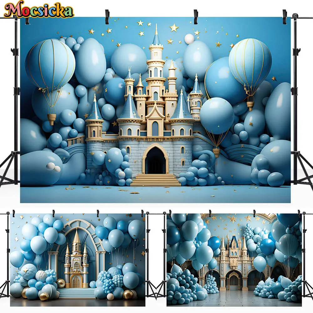 

Mocsicka Blue Castle Hot Air Balloon Child Backdrop Boys 1st Birthday Party Decor Baby First Cake Smash Photography Backgrounds