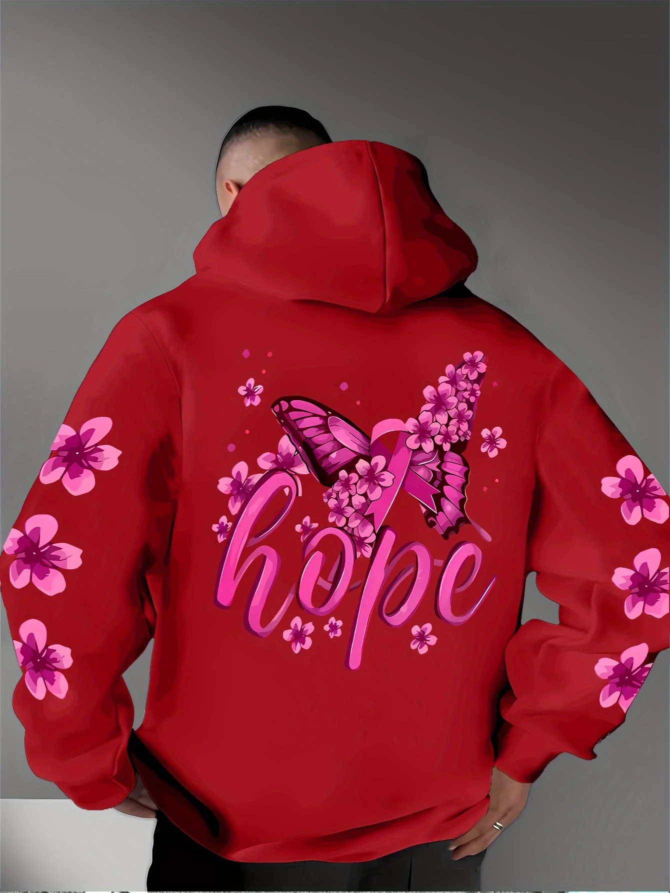 Herren Sport Hip-Hop Hoodie Rosa Blumen Schmetterling Hoffnung Buchstaben Grafik Rückendruck Streetwear Fleece Pullover Sweatshirt – Detail 6