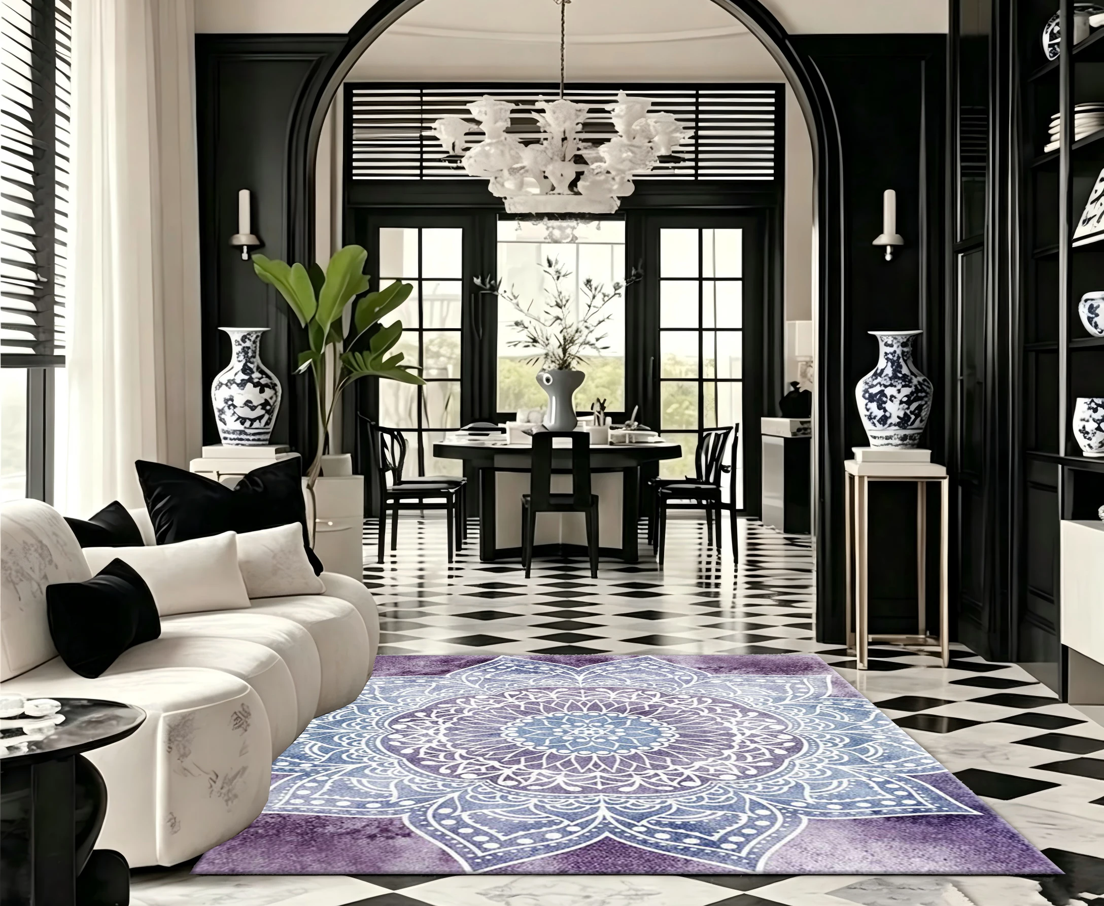 Boho Mandala Purple Watercolor Area Rug Vintage Floral Non‑Slip Floor Mat for Living Room Bedroom Home Decor