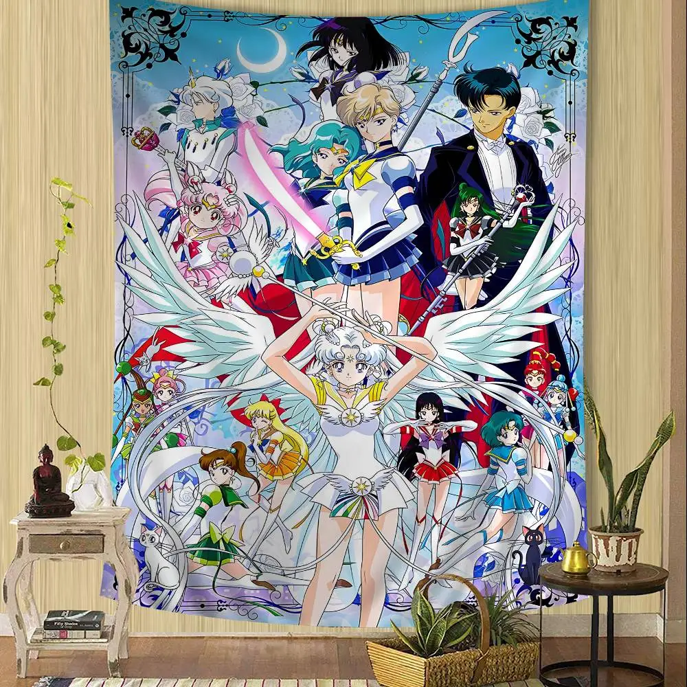 Sailor Moon Main Characters Wall Tapestry - Pastel Pink Background, Whimsical Room Decor for Classic Magical Girl Anime Fans