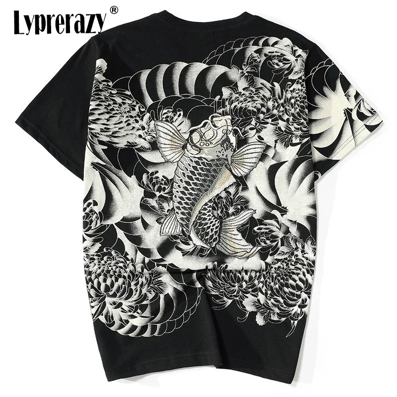 Lyprerazy Harajuku Japanese T Shirt Wave Carp fish Flower Embroidery Black Streetwear 100% Cotton Hip Hop Print T-Shirts