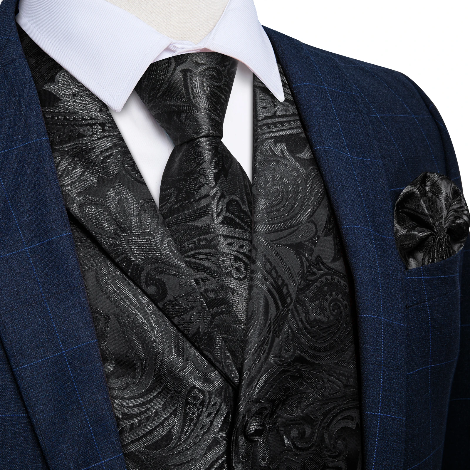 Men\'s Suit Vest Neck Tie Set Black Paisley Silk Waistcoat for Wedding Party Tuxedo Suits Luxury Sleeveless Jacket DiBanGu