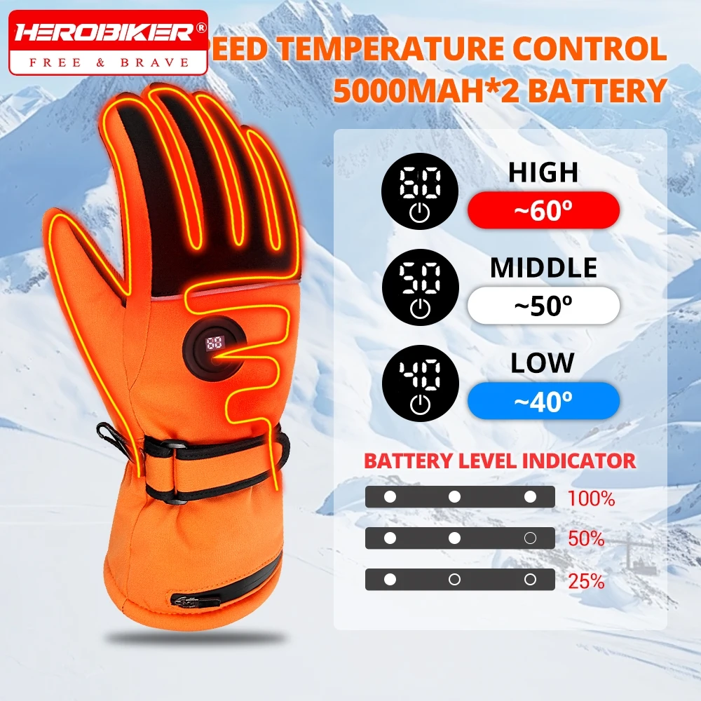 

HEROBIKER зимние теплые перчатки с подогревом, электрические лыжные перчатки с подогревом, ветрозащитные термоперчатки с сенсорным экраном, лыжные гоночные перчатки с подогревом