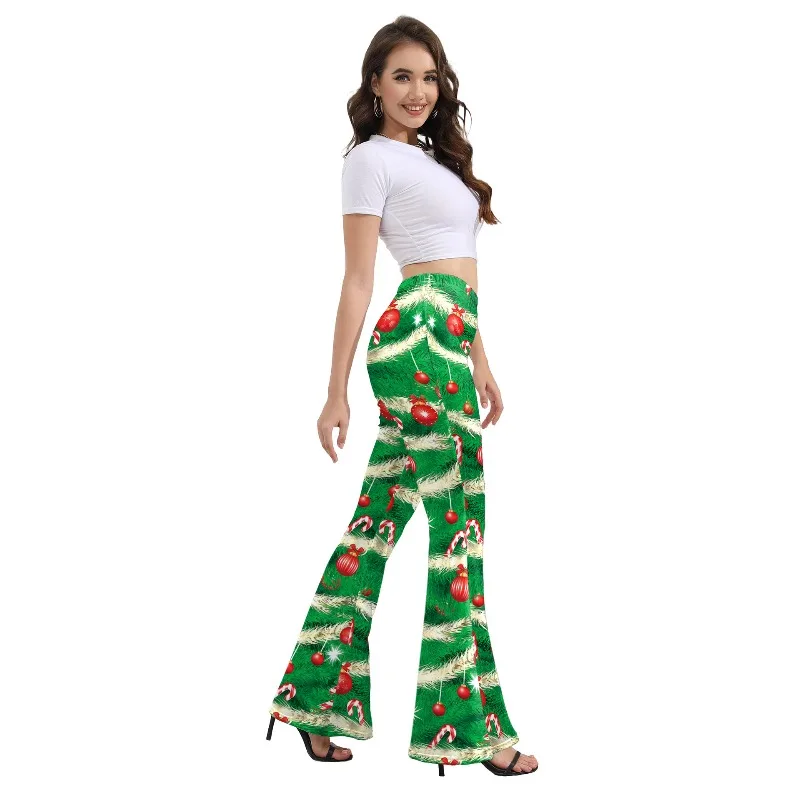 Pantalones navideños para mujer, pantalones acampanados con estampado de caramelo verde, pierna acampanada, fiesta, moda, arte digital, pantalones de pierna ancha