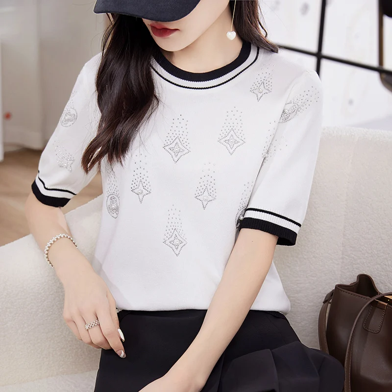 Summer New Fashion Fresh Sweet Round Neck Contrast Knitted Short Sleeve Hot Diamond Ice Silk T-shirt Versatile Women's Top