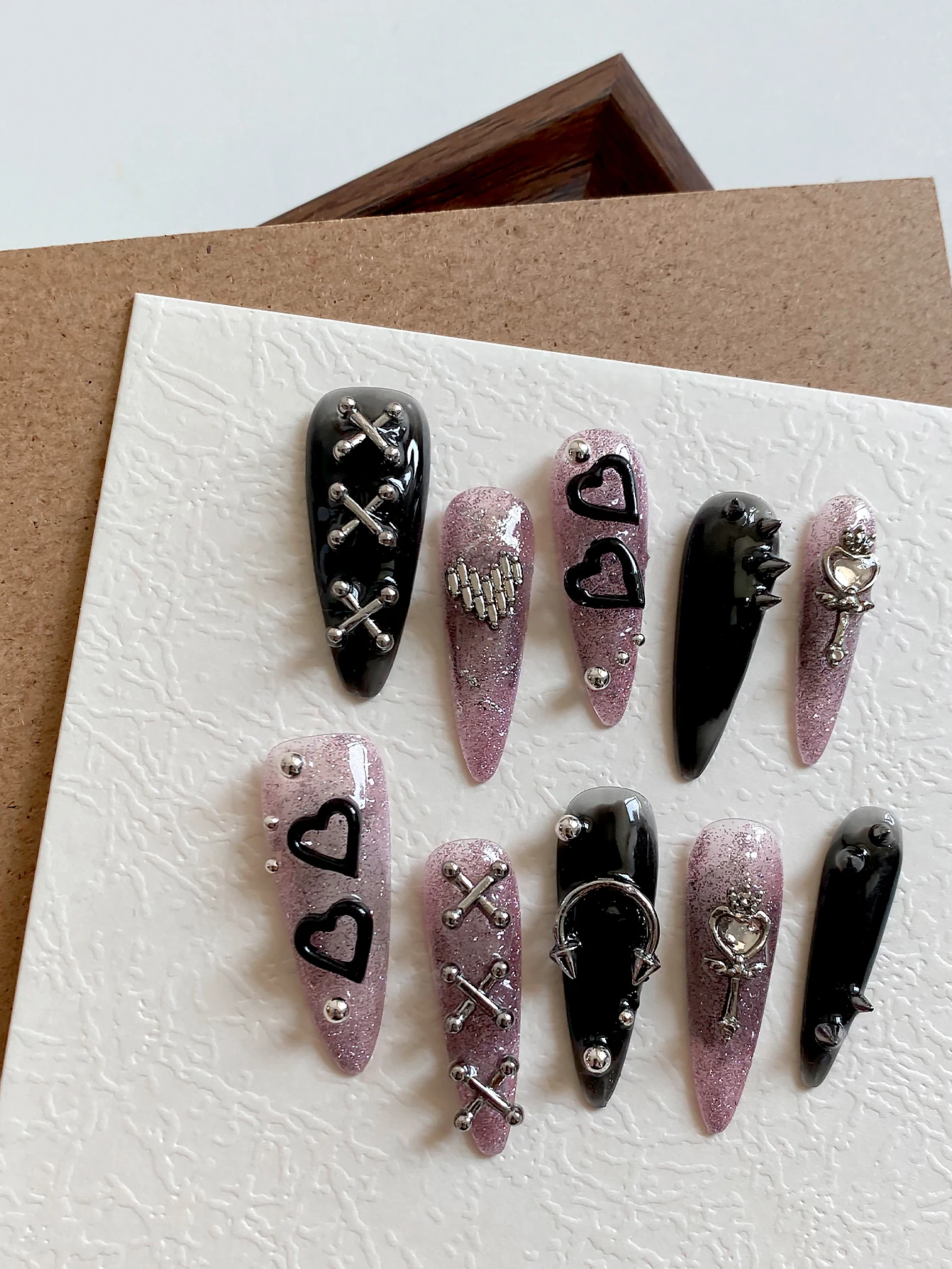 Punk Gothic Press On Nails,Long Stiletto False Nails,Glitter Pink & Black Fake Nails with Cross,Heart & Spike Metal