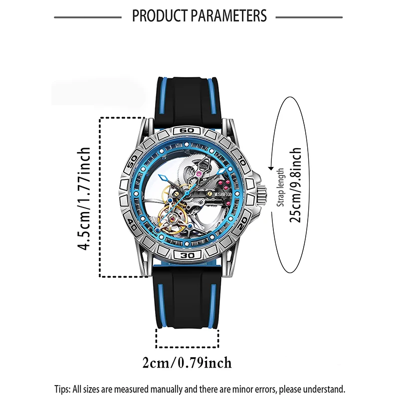 MUSANFIGO Double-Sided Hollow Men's Fully Automatic Watch, Silicone Strap, Mechanical Movement Men's Night Light Waterproof Fash
