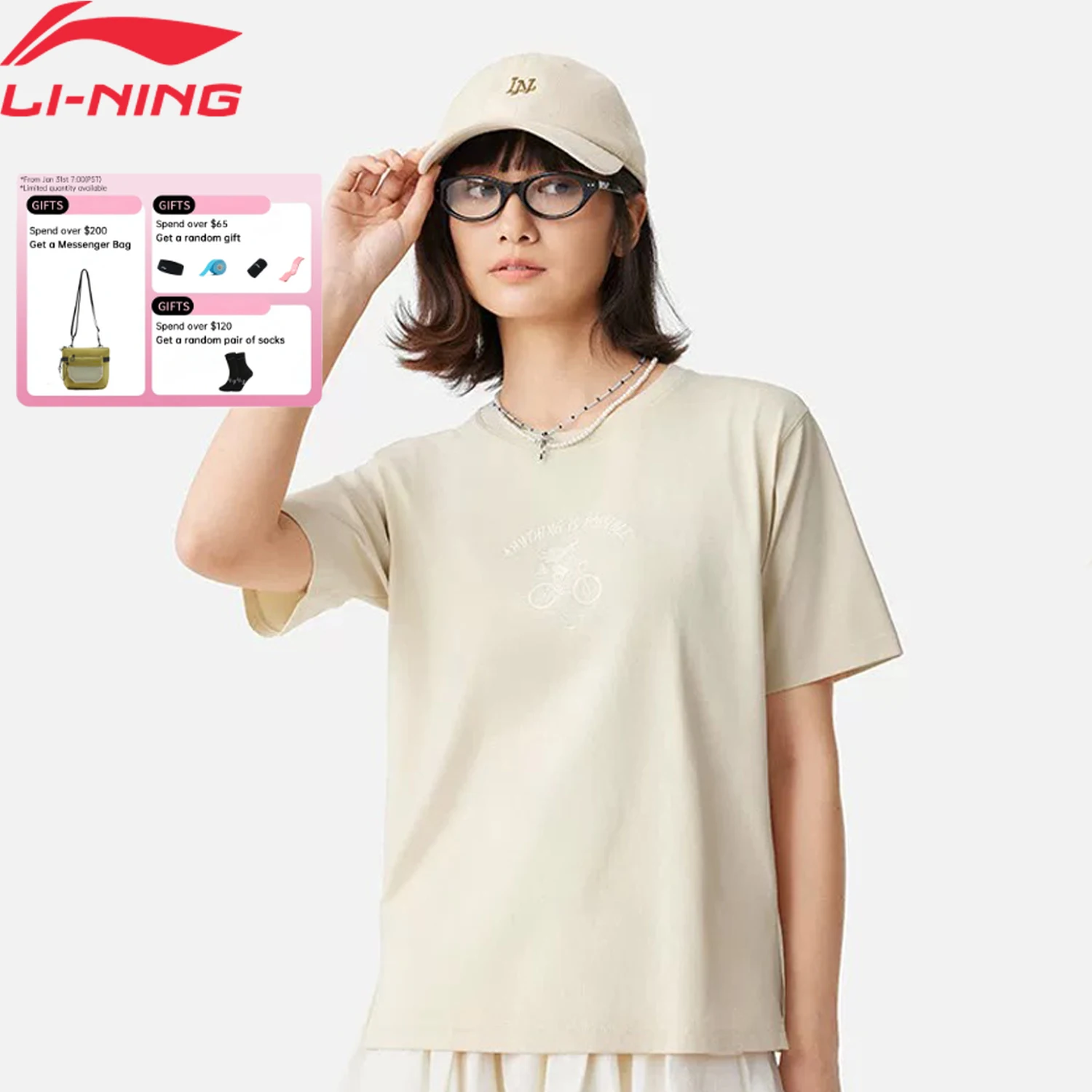 

Li-Ning Women's Sports Style T-Shirt AT DRY FREEZE 75%Cotton 25%Polyester Loose Fit LiNing Leisure Pullover AHSV640