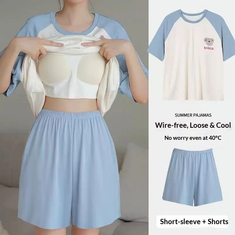 Summer Women's Short Sleeved Pajamas with Chest Cushion Home Suit Set, Heart-shaped Round Neck Shorts Pajamas Home Suit Set