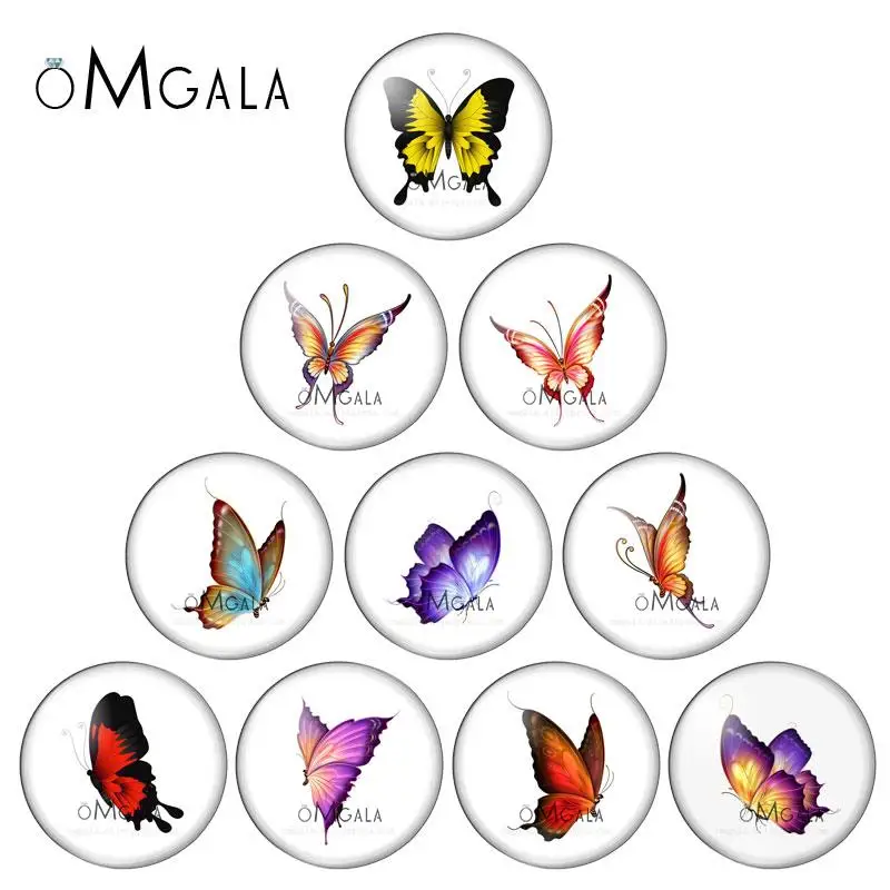 Beauty Colorful Butterfly 10pcs mix 8mm/10mm/12mm/16mm/18mm/25mm Round photo glass cabochon demo flat back Making findings