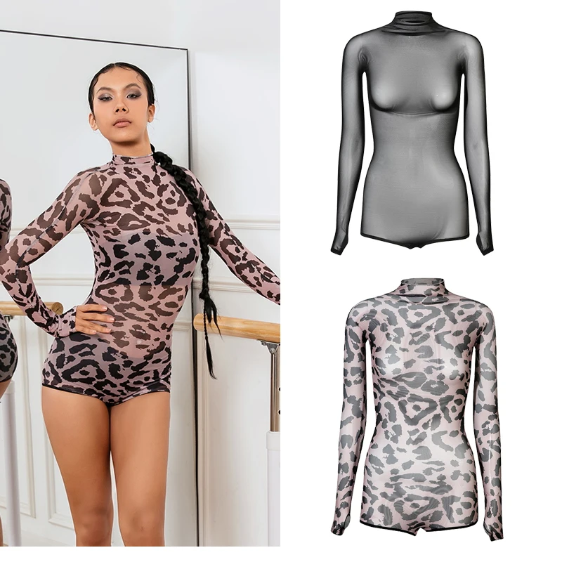 

2025 Latin Dance Tops For Women Mesh Long Sleeved See Through Bodysuit Practice Clothes Adult Chacha Latin Dance Dress DQS15482