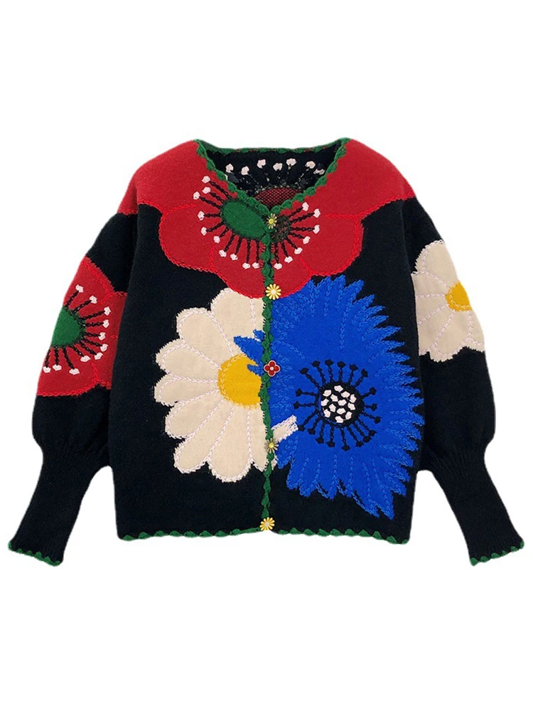 KHALEE YOSE Boho Floral Knitted Sweater Cardigan Thick Flower Black Colorful Autumn Winter Women Sweaters Women Ladies Cardigans