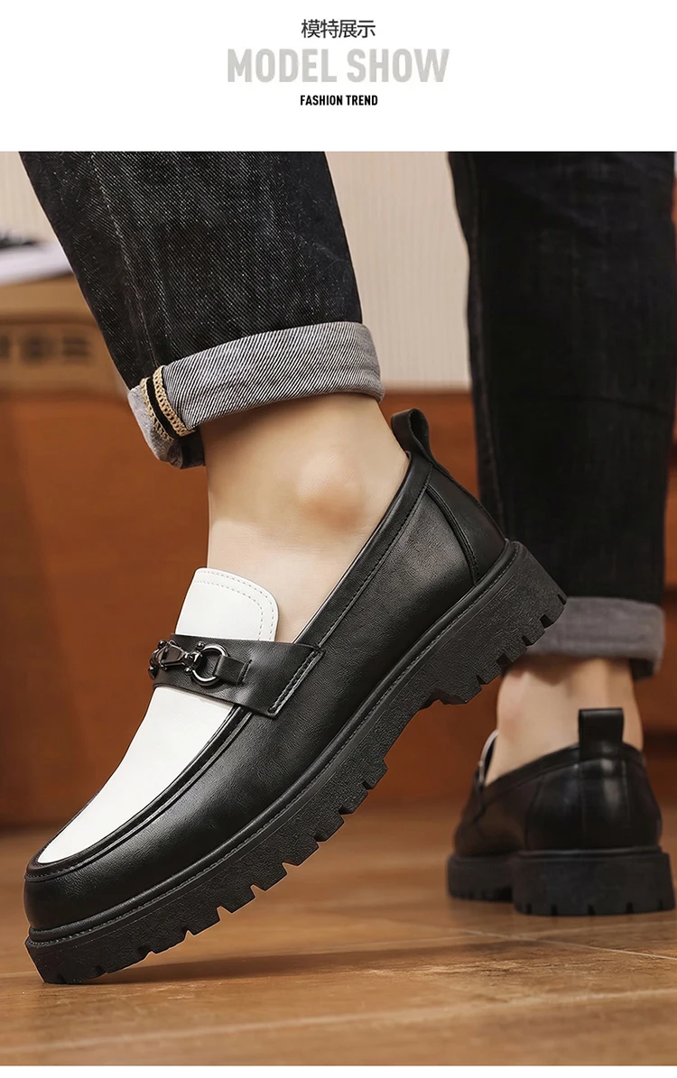 Herren-Loafer mit dicker Sohle, Metallschnalle, Slip-On-Lederschuhe, rutschfeste Plateau-Freizeitschuhe für Büro, Alltag und Party – Detail 6