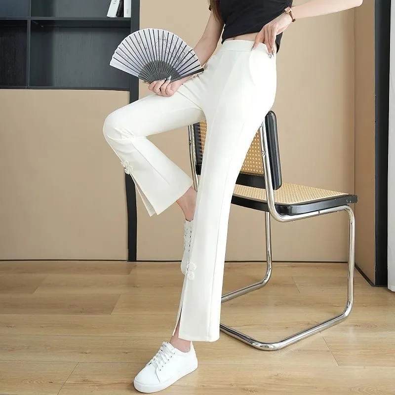 

Women New Chinese Style High Waist Split Flare Pants Floral Appliques Draped Ankle Length Straight Casual Trousers For Summer