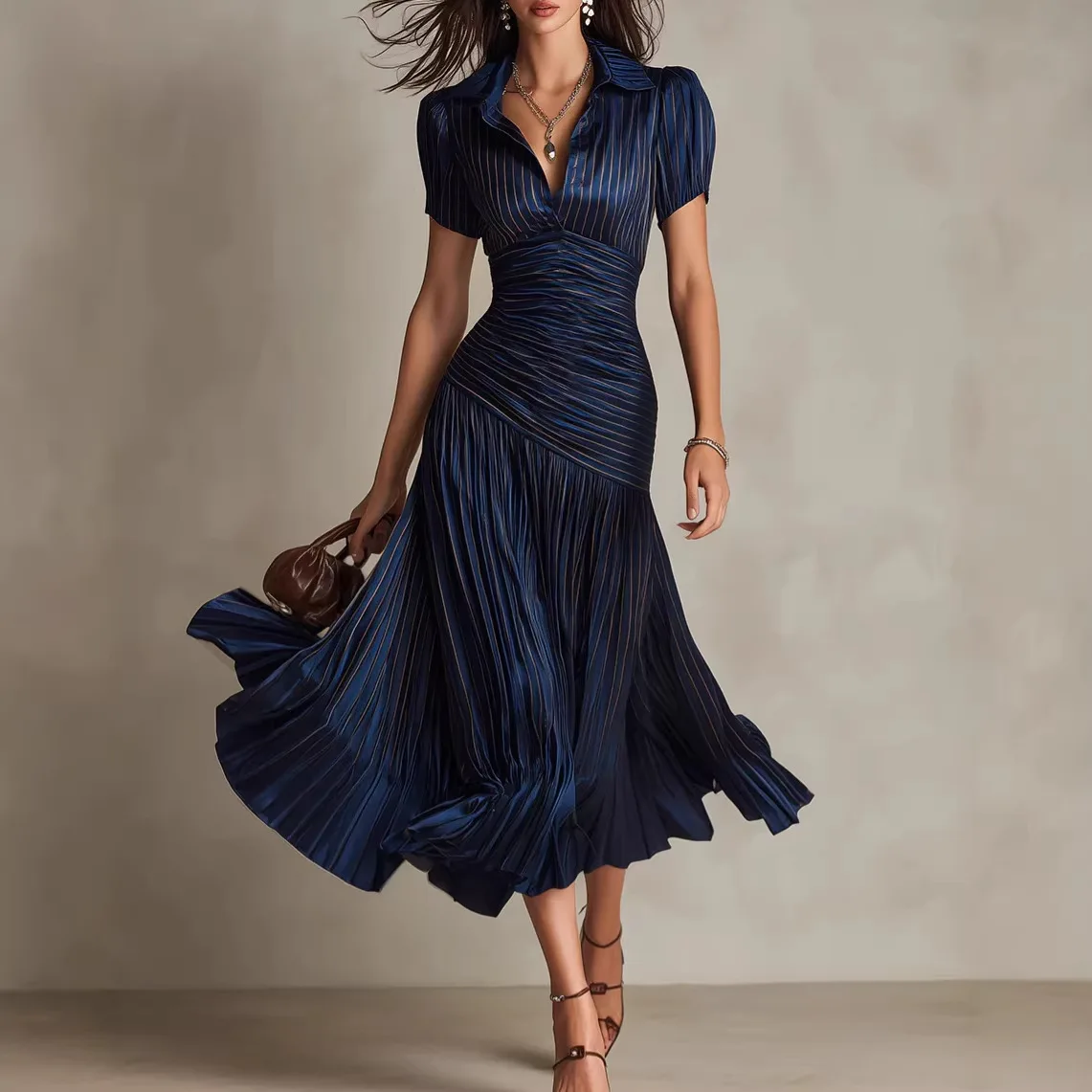 

Elegant Lapel Hight Waist Gowns Fashion Pleated Commute Solid Shirt Dress Casual Short Sleeves Women Long Dresses Vestidos