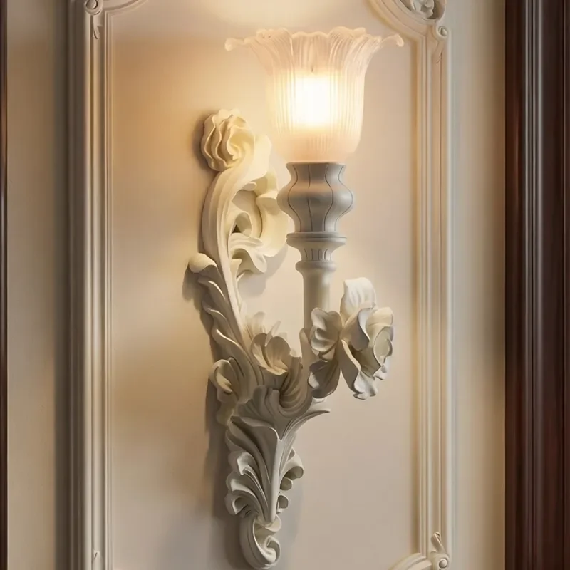 French Classic Rose Relief Palace Style Wall Lamps Villa Clubhouse Living Room Bedroom Entrance Art Atmosphere Decor Led Lights