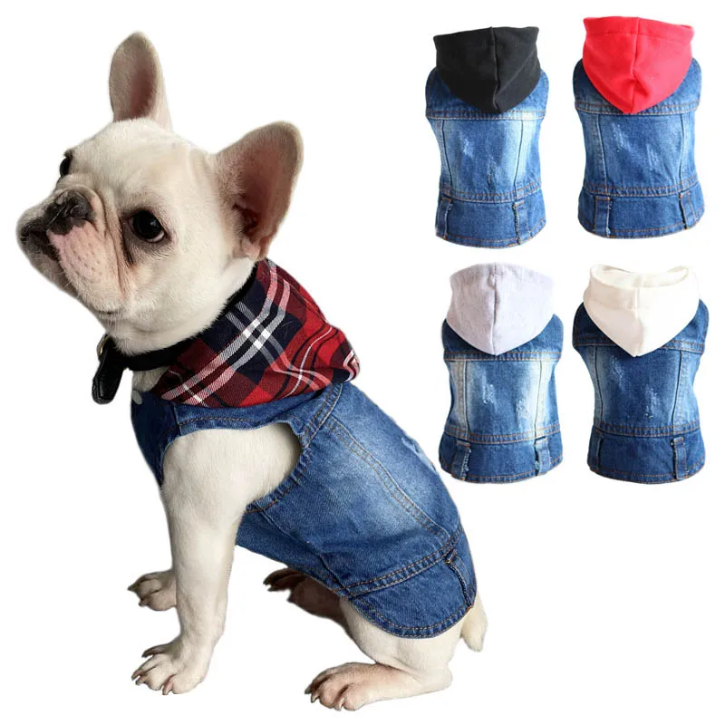 Sleeveless Denim Dog Jacket - Dark Wash, Puppy Hooded Jeans Coat Spring Summer Dog Clothes for Small Medium Dogs Bulldog Yorkie