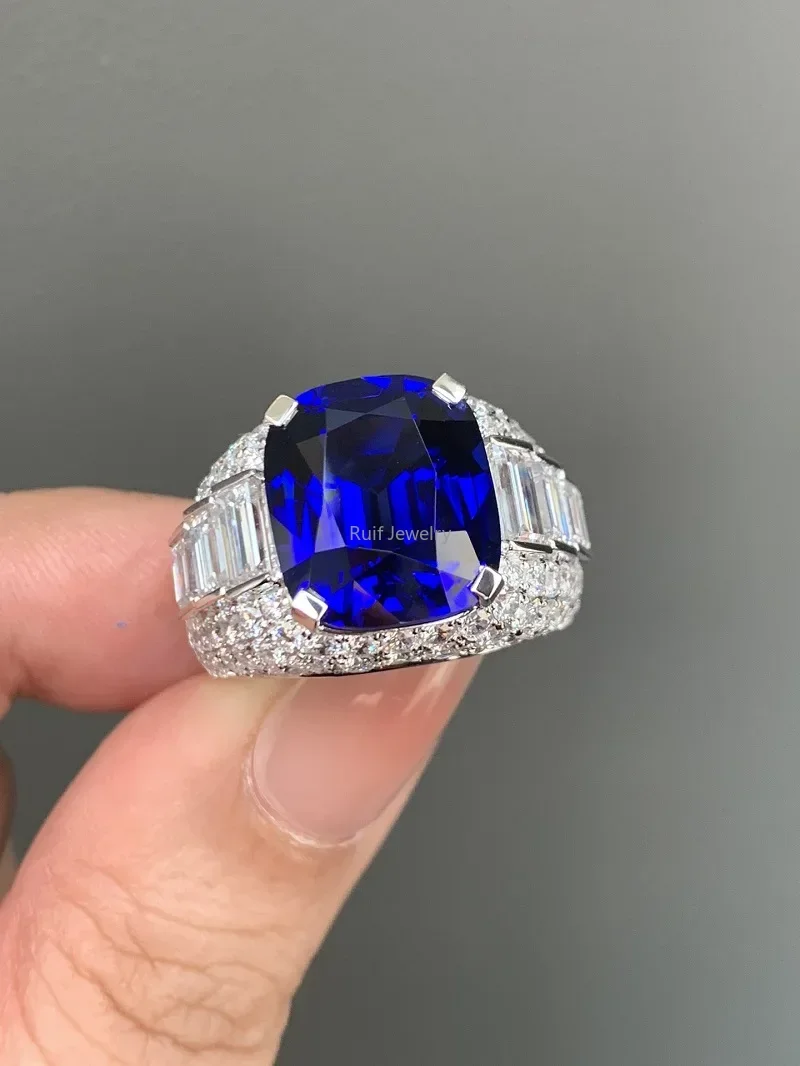 Ruif Customize PT950 High Luxury 13ct Lab Grown Sapphire Lab Grown Diamond Rings for Men Fine Jewelry