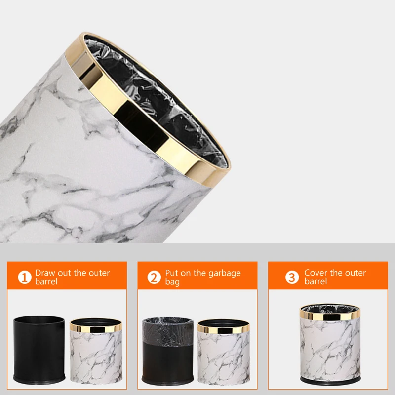 Trash Can,Marble Pattern 10L Trash Can Bin Buckets Diameter Waste Bins Living Room Bathroom Kitchen Dustbin Trash Bin