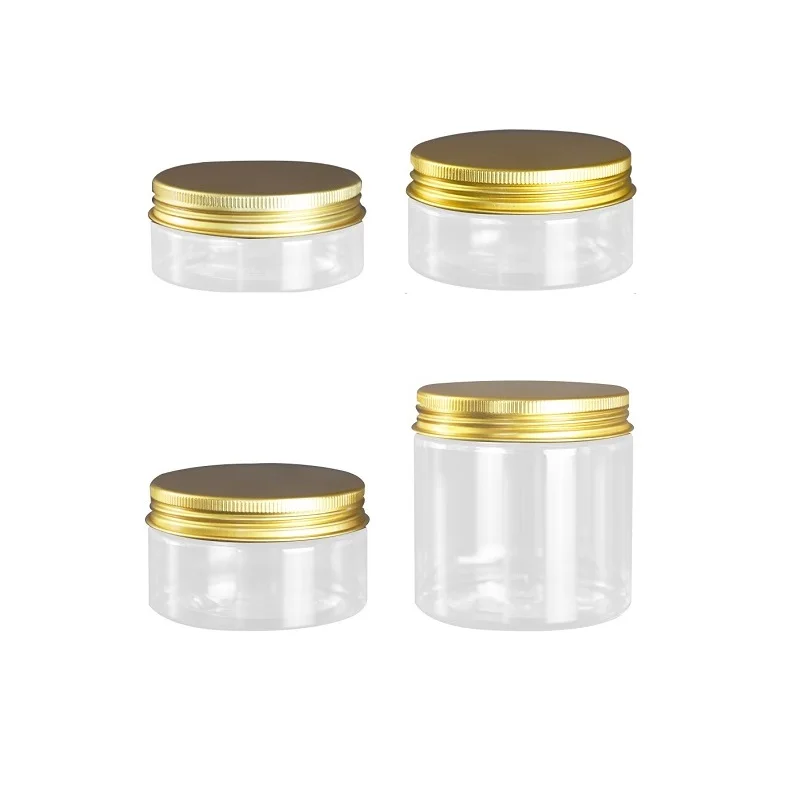 

20Pcs Clear Plastic Empty Cream Jar 60ml 80ml 100ml 200ml Refillable Container Shiny Gold Lid 68Dia. Portable Packaging Bottles