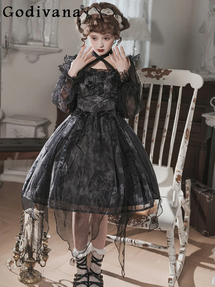 

Elegant Lolita Gothic Cute Bow Cos A-line Princess Dress 2025 New Halloween Long Sleeve Square Neck High Waist Irregular Dresses
