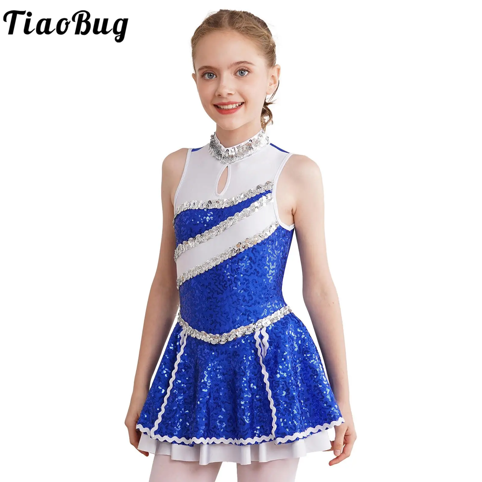 Kids Girls Cheer-Leading Costume Sleeveless Round Neck Shiny Sequins Decorated Color Patchwork Multi-layer Pleated Dress