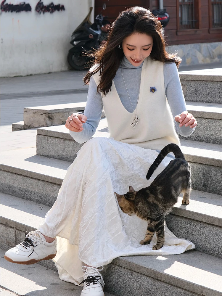 

ZQ Zining Fce Long Sve Knitted Sweater Wool Blend Floing Vest Genuine Two-Piece Layering Set Women's Fashion Winter C...