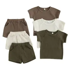 MILANCEL-Conjunto de ropa para niños de 1 a 4 años, chándal de gofres, camiseta sólida y pantalones cortos, conjunto de ropa de 2 piezas para verano