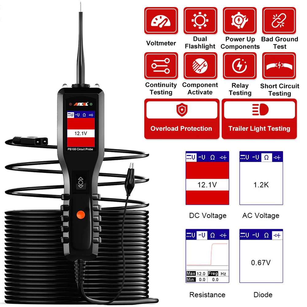 

Ancel PB100 12V 24V Mechanical Workshop Tools Automotive Power Scan Circuit Tester Probe Electrical System Car Diagnostic Tool