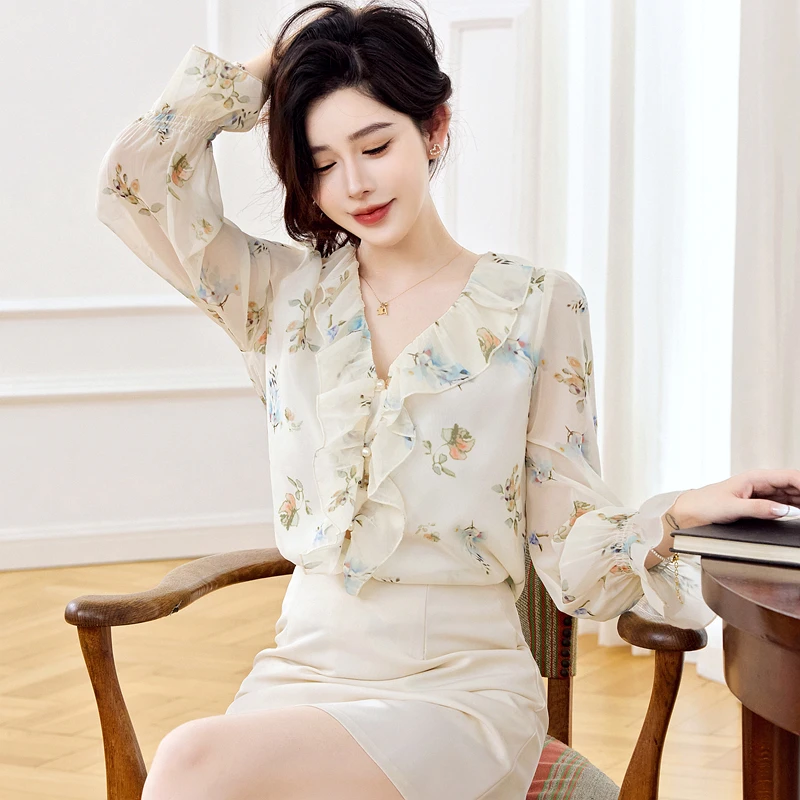 Vrouwen Shirt Blouse Nieuwe Lange Mouw V-hals Print Ruches Chiffon Shirt Blouse Vrouwen Tops Blouses Shirts Blusas Para Mujer Q1347