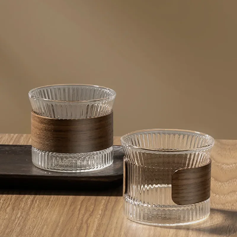 PARACITY Glass Cup Japanese Transparent Heat-Resistant Flower Tea Cups Walnut Anti-Scalding Sleeve Design Coffee Cup