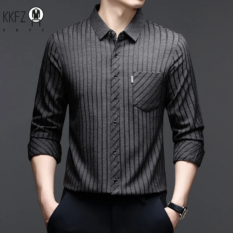 

Mens Modern Stripe Long Sleeve Shirt Casual Wear Button Down Turn Down Collar With Pocket Breathable Fabric For Outdoor