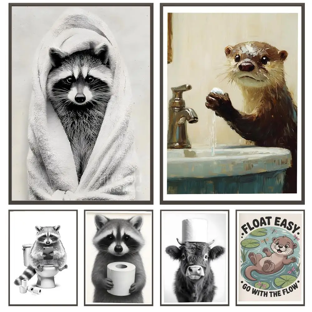 art Funny Otter and Raccoon Bathroom Poster Poster HD Waterproof Self Adhesive Wall Art Print Decor for Bedroom Living Room Gift