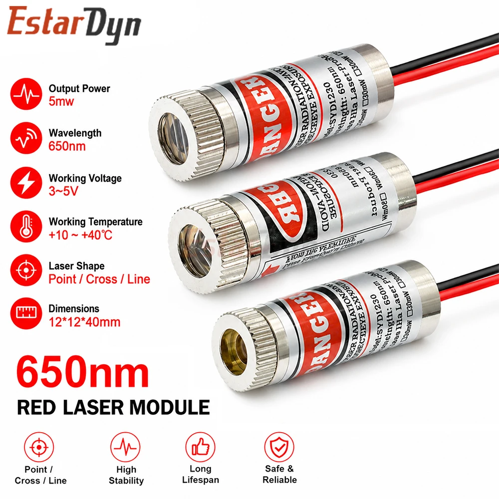 Estardyn 650nm 5mW Industrial Grade Red Dot/Line/Cross Laser Module Focusable Glass Lens for Positioning & Alignment