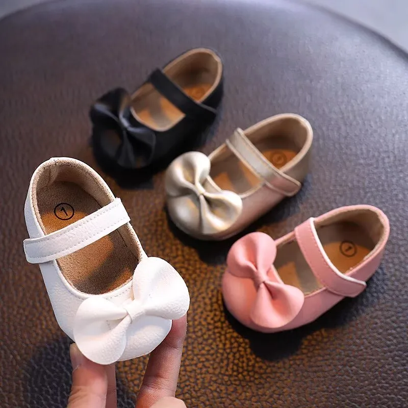 

Детская повседневная обувь для малышей с бантом, нескользящая резиновая мягкая подошва на плоской подошве из искусственной кожи, первые ходунки, декор с бантом для новорожденных, Мэри Джейн