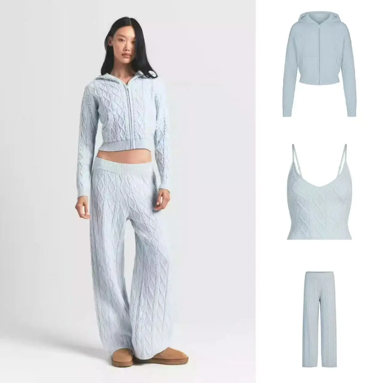 Conjunto de suéter KIM, de tres piezas, tejido retro de punto trenzado, suave y cómodo, estilo relajado, sudadera con capucha