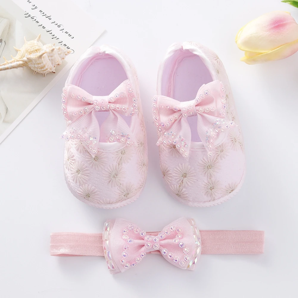 

Baywell Newborn Princess Wedding Shoes Baby Girls Flats First Walkers + Hair Band Set Infant Non-Slip Bowknot Shoes 0-12 Months