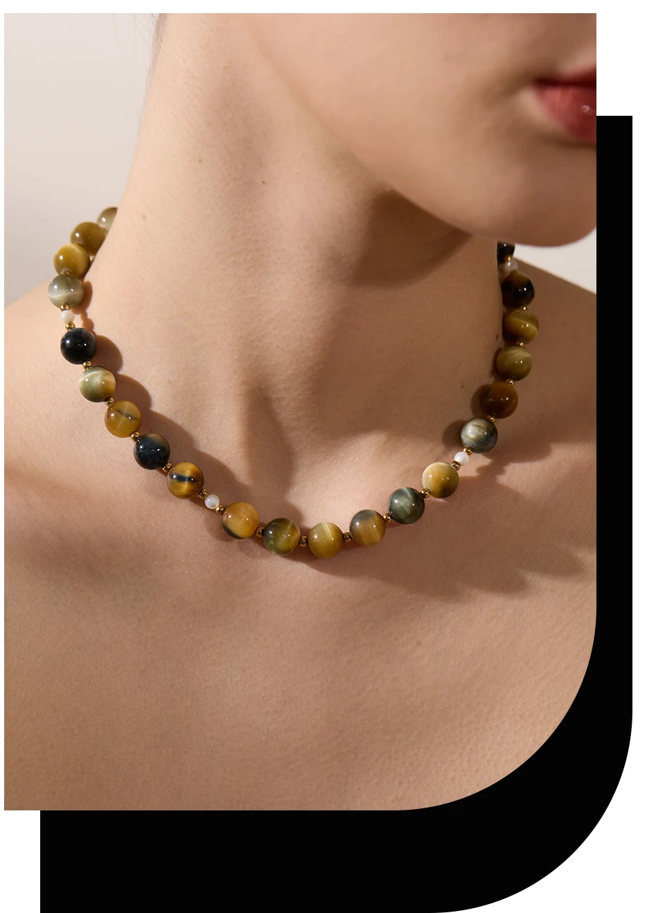 Yhpup Maillard Naturstein Tiger Runde Perlen Kette Kragen Halskette Edelstahl Handgefertigter Schmuck Wasserdicht für Frauen Geschenk – Detail 6