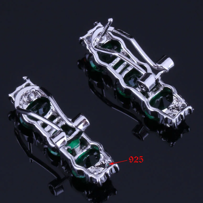 Clean Oval Green Cubic Zirconia White CZ Silver Plated Clip Hoop Huggie Earrings V0917