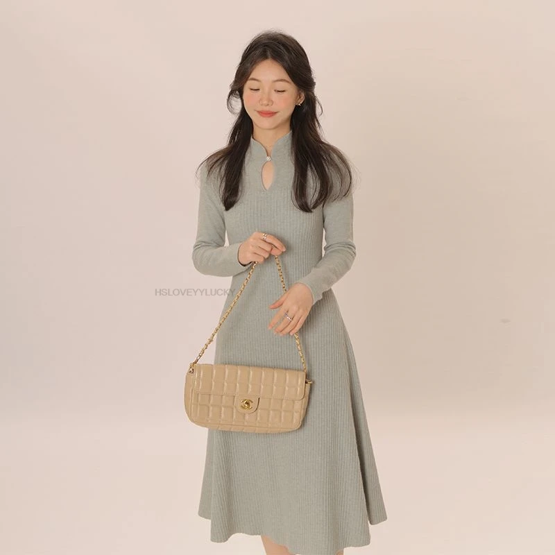 

Advanced Autumn Winter New Chinese Style National Wind Knitting Dress Long Dress Shaping Undergarment Dress Round Neck Qipao