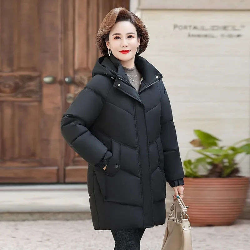 2024 New Women\'s Winter Puffer Cotton Padded Jacket Hooded Fleece Thick Parkas Warm Loose Long Overcoat Snow Coat Loose Female O