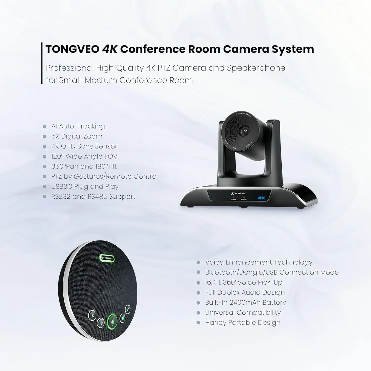 4K conferentieruimte camerasysteem, AI Auto-Tracking camera 5X digitale zoom met draadloze Bluetooth-luidsprekertelefoonset USB 124-D