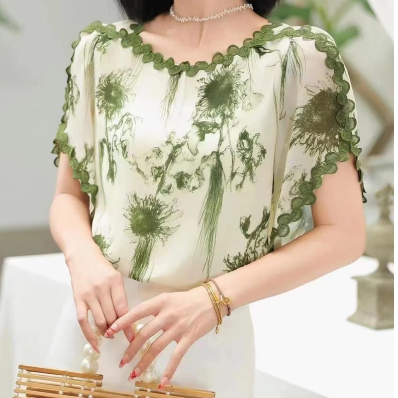 Verão retalhos manga curta chiffon solto elegante blusa fina o pescoço impressão camisa vintage topos moda casual roupas femininas
