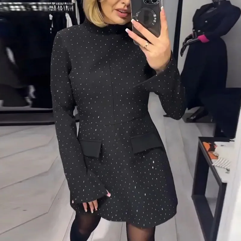 Mini abito sottile scintillante con diamanti alla moda Donna Primavera Elegante O Collo Abito da festa a trapezio Abito autunnale a maniche lunghe con cerniera sui fianchi