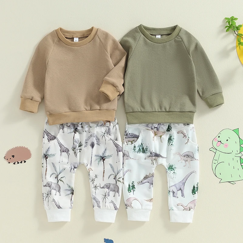 

2024-05-24 Lioraitiin Toddler Boy Fall Outfits Waffle Long Sleeve Round Neck Sweatshirt and Animal Pattern Pants 2 Pcs Set