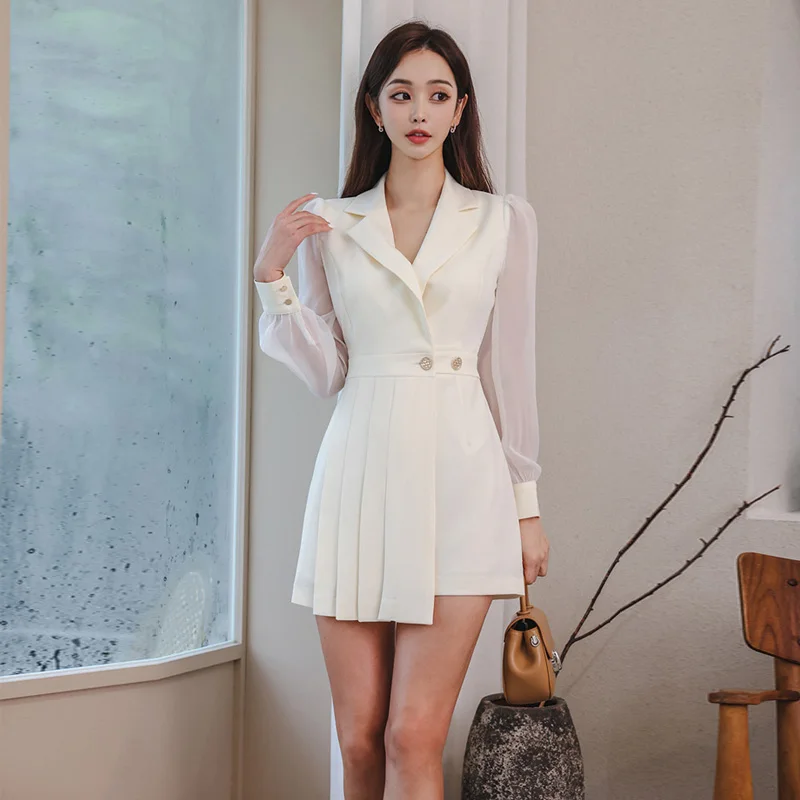 

Elegant White Gown Asymmetrical Short Skirt Autumn Winter Small Size Suit Pleated Skirt Polyester Fiber Long Sleeve Slim Fit