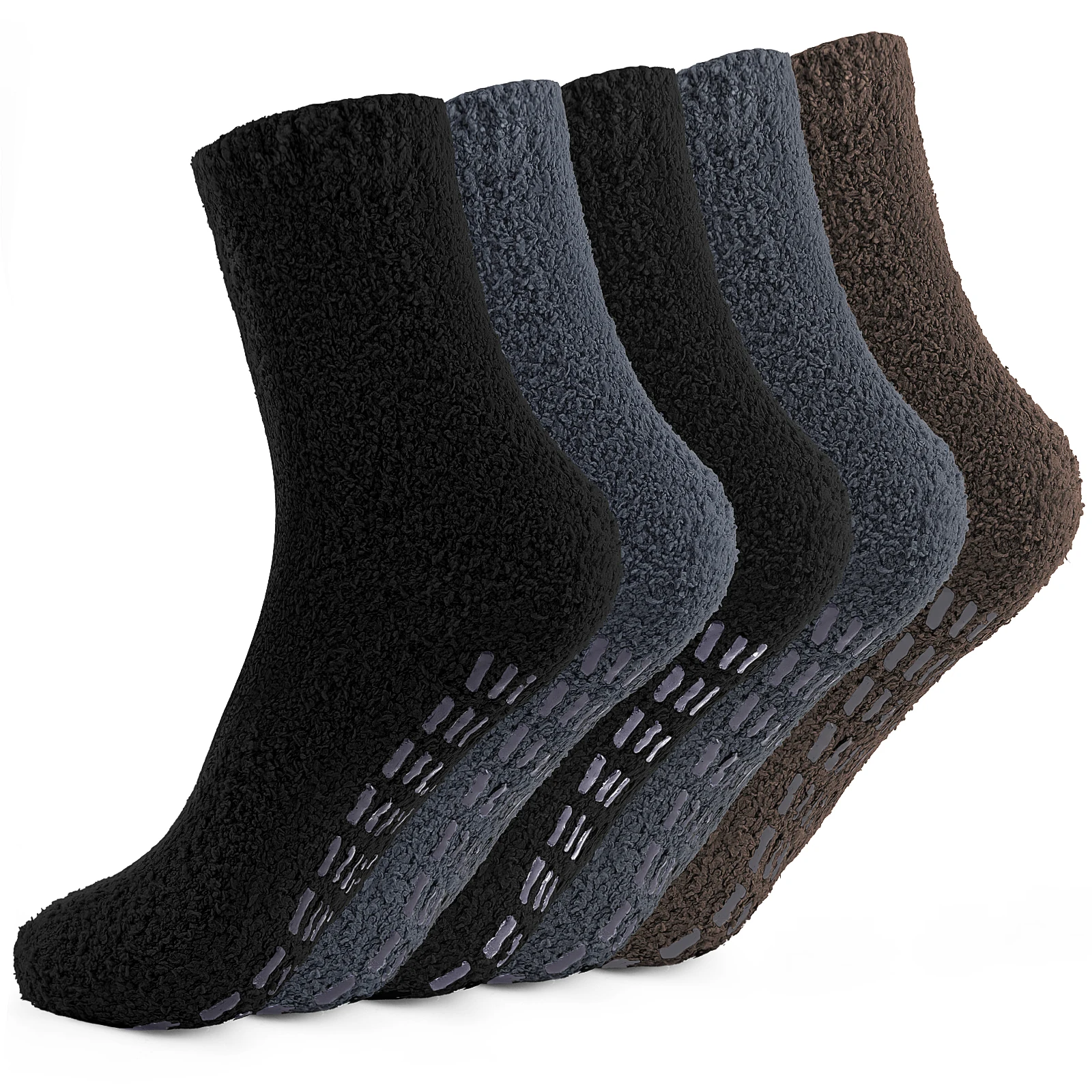 5Pairs Men\'s Fuzzy Socks Non Slip Grip Socks Winter Fluffy Slipper Socks Cozy Warm Plush Sleep Cabin Footies with Grippers