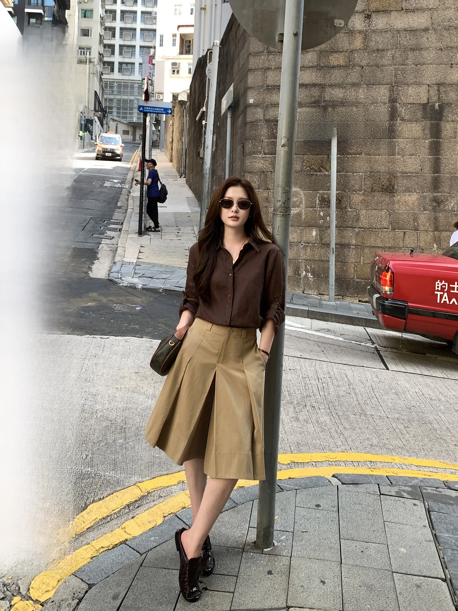 Pusumede Caramel Autumn Color High Waist A-Line Pleated Skirt Loose Casual Women's Five-Quarter Length Pants Skirt