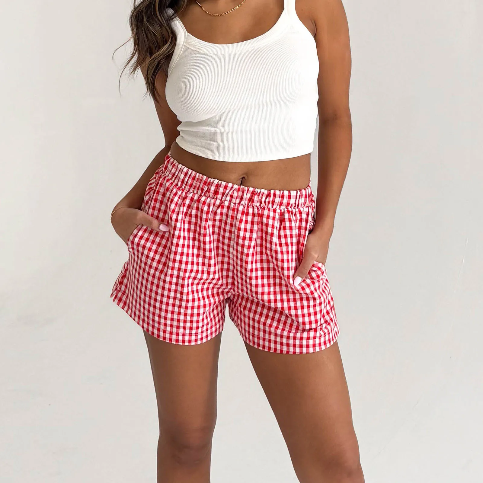 Y2K Women's Summer Cute Sweet Plaid Print Shorts Elastic High Waistband Pocket Casual Shorts Streetwear